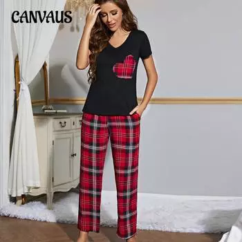 Женские пижамы, весенне-осенние брюки с v-образным вырезом и короткими рукавами, домашний костюм S красный/чёрный