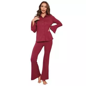 Женские пижамы, весенне-осенний и зимний красный костюм с длинными рукавами и домашней одеждой с резьбой S красный