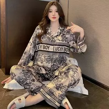 Женские пижамы весна и осень Пижамы из ледяного шелка Женская тушь с длинным рукавом Удобная домашняя одежда Пижамы M