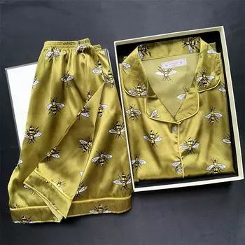 Женские пижамы весна-лето шорты с коротким рукавом комплект атласные шелковые пижамы для девочек новая домашняя одежда тонкие пижамы M