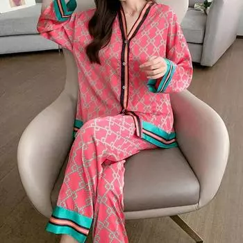 Женские пижамы весна осень искусственный шелк пижамные комплекты длинный рукав кардиган пижамы роскошные женские пижамы модные пижамы M красный