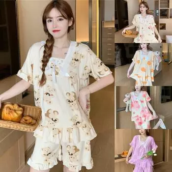Женские пижамы женские летние пижамы с короткими рукавами для студентов тонкие кружевные секции для отдыха можно носить вне домашней одежды M