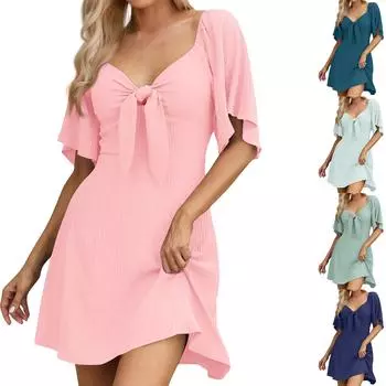 Женские платья 2024 Весна Лето Элегантное платье с глубоким V-образным вырезом и галстуком-бабочкой L