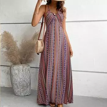 Женские платья 2025 Лето Без рукавов Бретельки V-образный вырез Полосатое Женское Платье J886 S зелёный