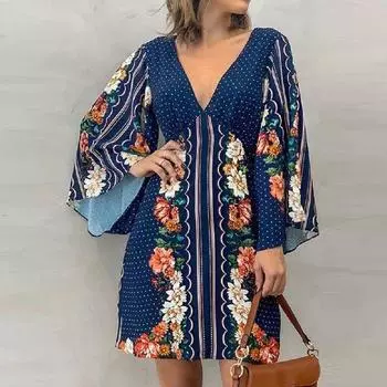 Женские платья 2025 Лето Длинный рукав V-образный вырез Принт шифоновое женское платье J894 S тёмно-синий
