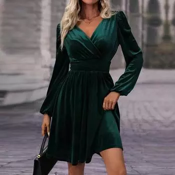 Женские платья 2025 Осень Зима Бархатное платье Длинный рукав V-образный вырез Черное женское платье J881 S зелёный