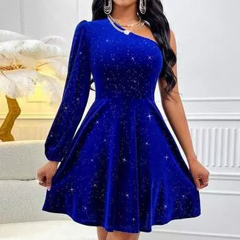 Женские платья 2025 Осень Зима Длинный рукав Сексуальный косой воротник Тонкий Женское платье J885 S синий