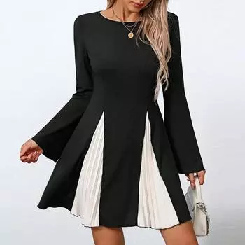 Женские платья 2025 Весна Длинный рукав О-образный вырез Модное повседневное черное женское платье J876 S