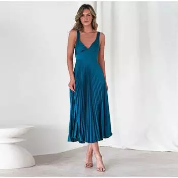 Женские платья 2025 Весна Лето Модное Повседневное Платье-бандо Без Рукавов Плиссированное Элегантное Вечернее Платье-Летнее Макси S синий