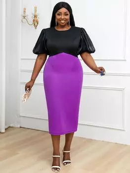Женские платья AOMEI с короткими рукавами-фонариками, фиолетовые, черные, лоскутные, вечерние клубные платья до середины икры, летнее платье высокого качества S чёрный
