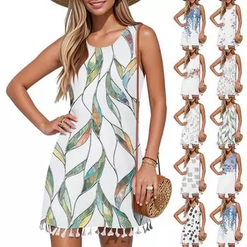 Женские платья без рукавов повседневные платья с цветочным принтом и кисточками с круглым вырезом S