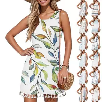 Женские платья без рукавов повседневные платья с цветочным принтом и кисточками с круглым вырезом XL