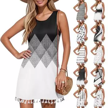 Женские платья без рукавов повседневные платья с геометрическим принтом и кисточками с круглым вырезом S бежевый