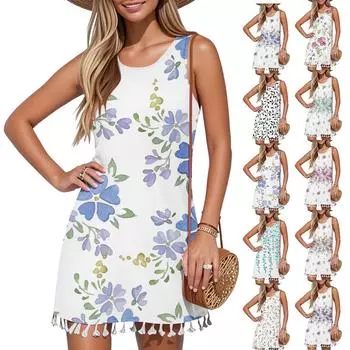 Женские платья без рукавов повседневные платья с цветочным принтом и кисточками с круглым вырезом S чёрный