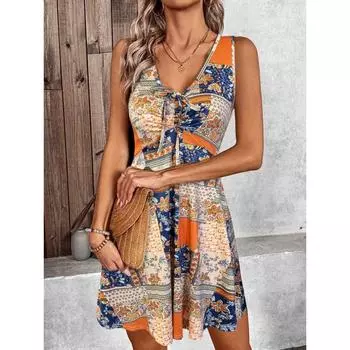 Женские платья без рукавов с цветочным принтом в стиле бохо с вырезом V-образным вырезом, многоярусные мини-платья-ками S оранжевый