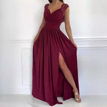 Женские платья без рукавов с кружевом и открытой спиной, разрезом по низу S бежевый