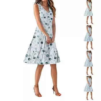 Женские платья без рукавов с V-образным вырезом и цветочным принтом, с четырьмя сторонами, приталенные платья XXL