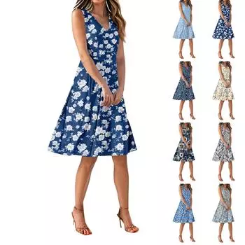 Женские платья без рукавов с V-образным вырезом и цветочным принтом, с четырьмя сторонами, приталенные платья S