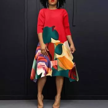 Женские платья больших размеров на осень с круглым вырезом и длинным рукавом с принтом 5XL синий