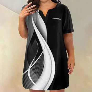 Женские платья больших размеров с V-образным вырезом и коротким рукавом, летнее повседневное однотонное платье-туника с карманом L чёрный