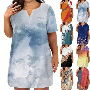 Женские платья больших размеров с V-образным вырезом и коротким рукавом, летнее повседневное однотонное платье-туника с карманом L чёрный