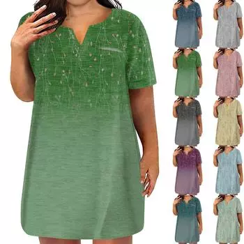 Женские платья больших размеров с V-образным вырезом и коротким рукавом, летнее повседневное однотонное платье-туника с карманом L