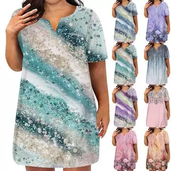 Женские платья больших размеров с V-образным вырезом и коротким рукавом, летнее повседневное однотонное платье-туника с карманом L синий