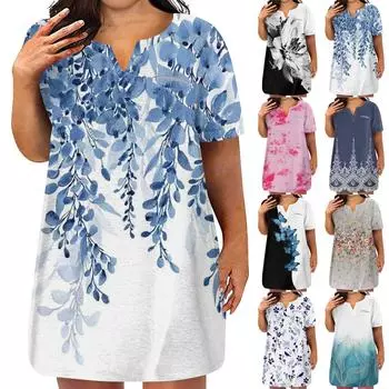 Женские платья больших размеров с V-образным вырезом и коротким рукавом, летнее повседневное однотонное платье-туника с карманом L чёрный