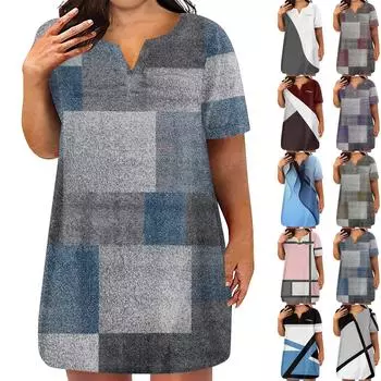 Женские платья больших размеров с V-образным вырезом и коротким рукавом, летнее повседневное однотонное платье-туника с карманом L синий