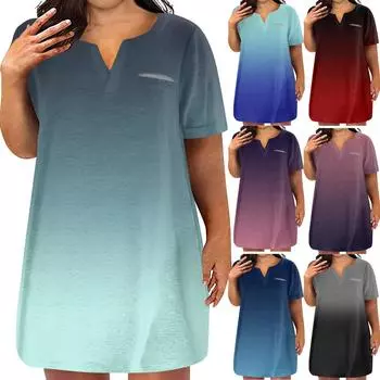 Женские платья больших размеров с V-образным вырезом и коротким рукавом, летнее повседневное платье-туника с карманом XL