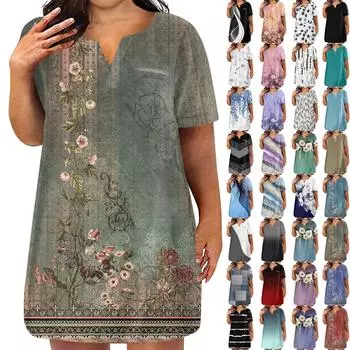 Женские платья больших размеров с V-образным вырезом и коротким рукавом, летнее повседневное однотонное платье-туника с карманом L синий