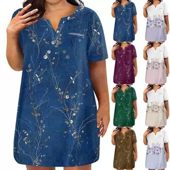 Женские платья больших размеров с V-образным вырезом и коротким рукавом, летнее повседневное однотонное платье-туника с карманом L синий