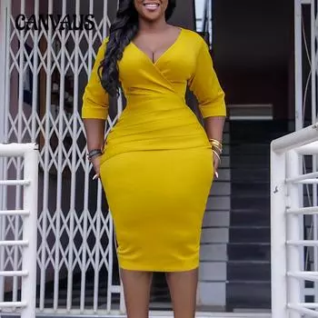 Женские платья больших размеров с v-образным вырезом, темпераментные бедра OL S жёлтый