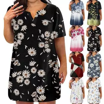 Женские платья больших размеров с V-образным вырезом и коротким рукавом, летнее повседневное платье с принтом, туника с карманом XXL розовый