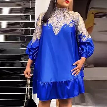 Женские платья больших размеров с воротником-стойкой и длинным рукавом с галстуком и принтом, однотонные свободные платья L синий