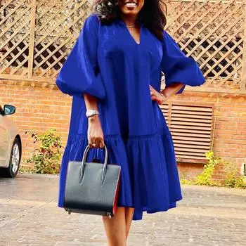 Женские платья больших размеров с V-образным вырезом и рукавами-фонариками и полуприцепами S красный