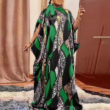 Женские платья больших размеров с круглым вырезом и коротким рукавом с леопардовым принтом зелёный