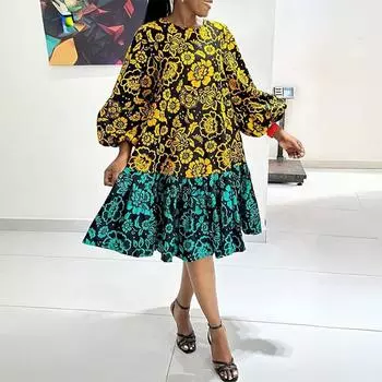 Женские платья больших размеров с круглым вырезом и длинным рукавом с цветочным принтом и контрастным принтом M жёлтый