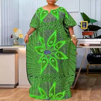 Женские платья больших размеров с круглым вырезом и заниженной линией плеч с длинным рукавом и принтом M темно-розовый