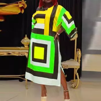 Женские платья больших размеров с круглым вырезом и длинным рукавом с квадратным принтом M зелёный