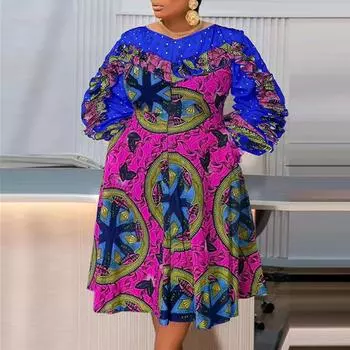 Женские платья больших размеров с круглым вырезом и длинным рукавом с принтом на молнии S зелёный