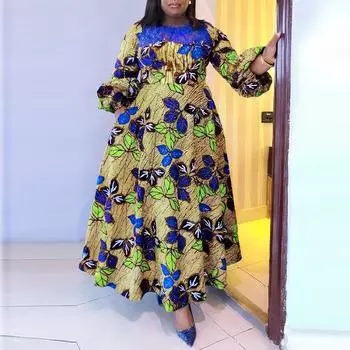 Женские платья больших размеров с кружевом и круглым вырезом, длинным рукавом и цветочным принтом S зелёный