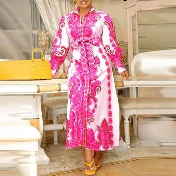 Женские платья больших размеров с лацканами и длинными рукавами с принтом M жёлтый