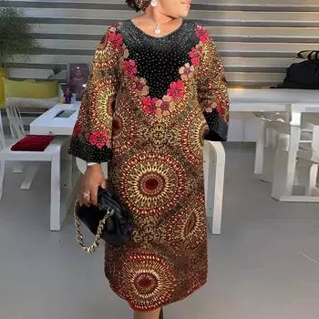 Женские платья больших размеров с круглым вырезом и длинным рукавом с цветочным принтом M жёлтый