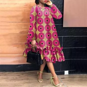 Женские платья больших размеров с круглым вырезом, длинными рукавами и оборками по низу S синий