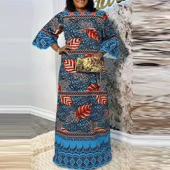 Женские платья больших размеров с круглым вырезом и кружевным принтом, с длинным рукавом S синий