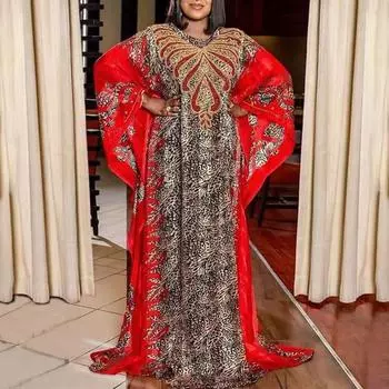 Женские платья больших размеров с круглым вырезом и леопардовым принтом, с длинными рукавами и принтом летучей мыши M красный