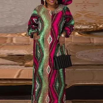 Женские платья больших размеров с круглым вырезом и длинными рукавами с принтом S синий