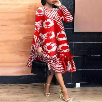 Женские платья больших размеров с круглым вырезом и длинным рукавом с принтом S синий