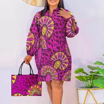 Женские платья больших размеров с воротником-стойкой и длинным рукавом с принтом M темно-розовый